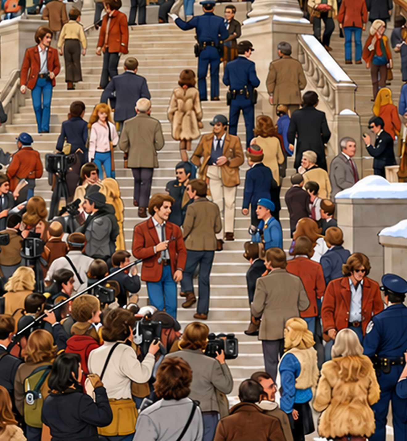 A crowded courthouse staircase in the snow, full of reporters, police and onlookers
