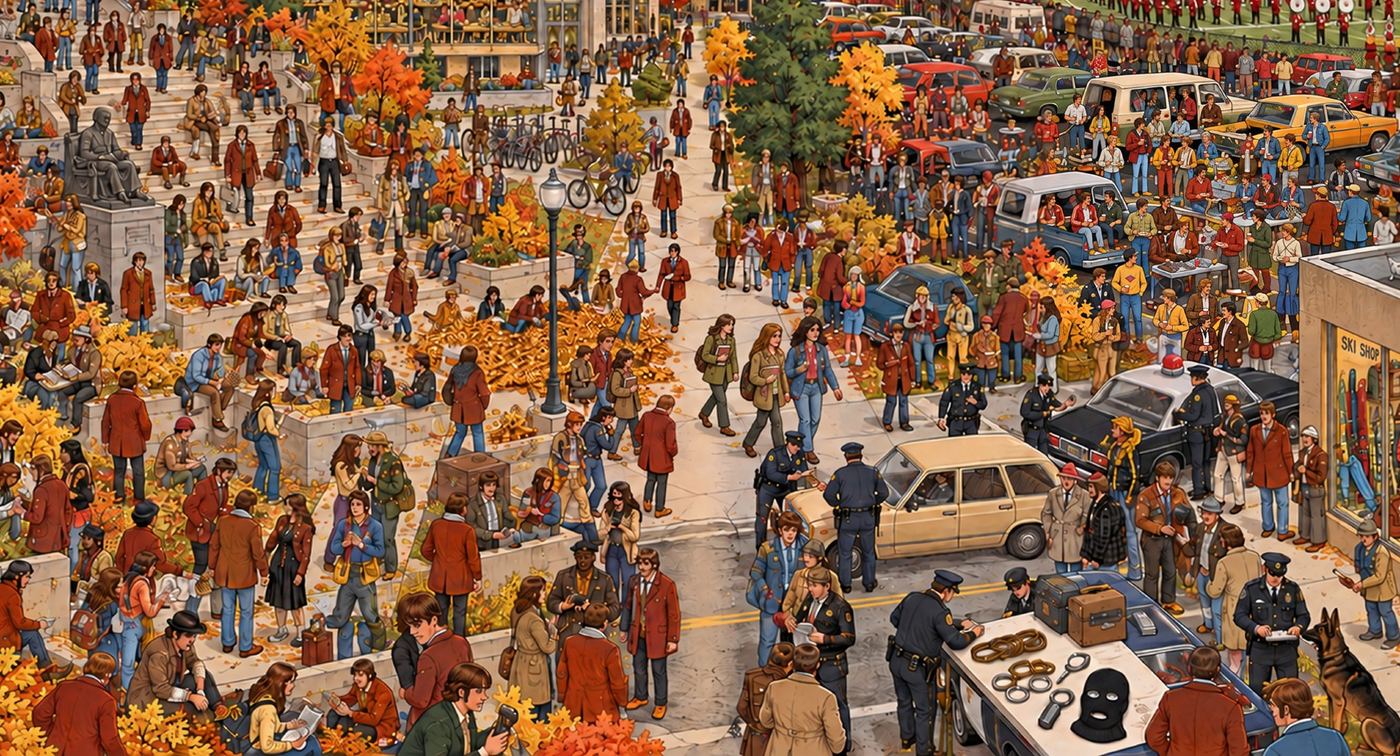 An autumn lakeside park crowd scene