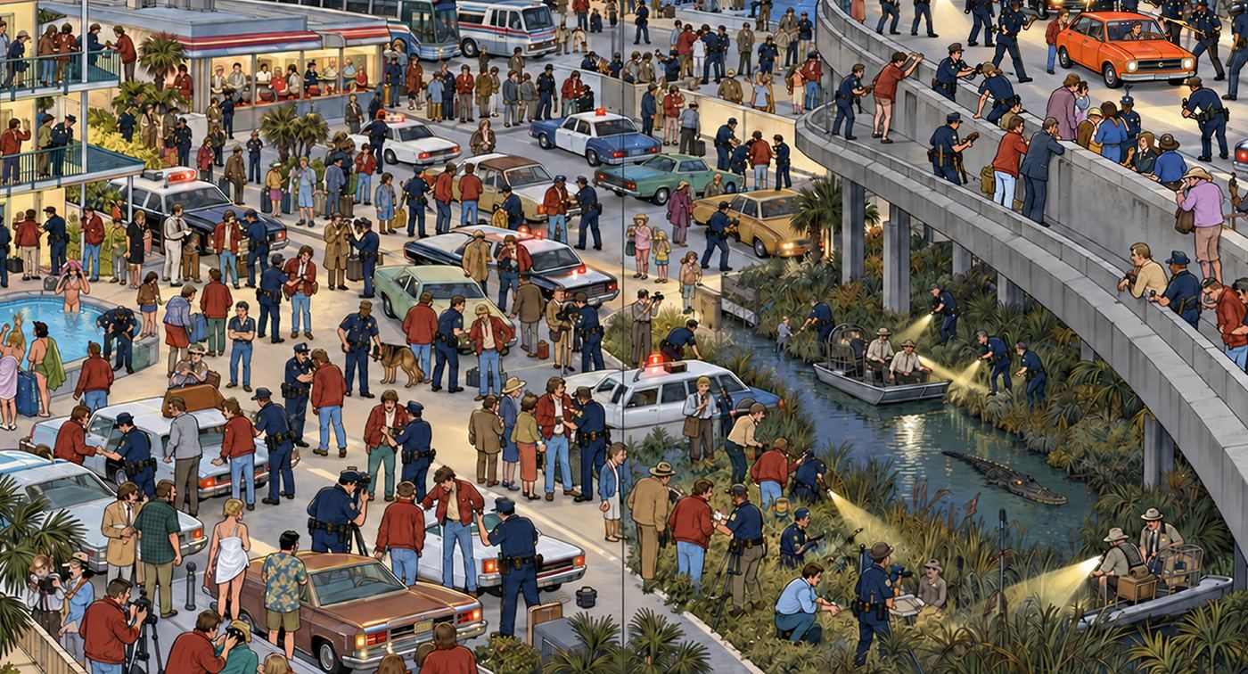 A busy highway roadblock scene