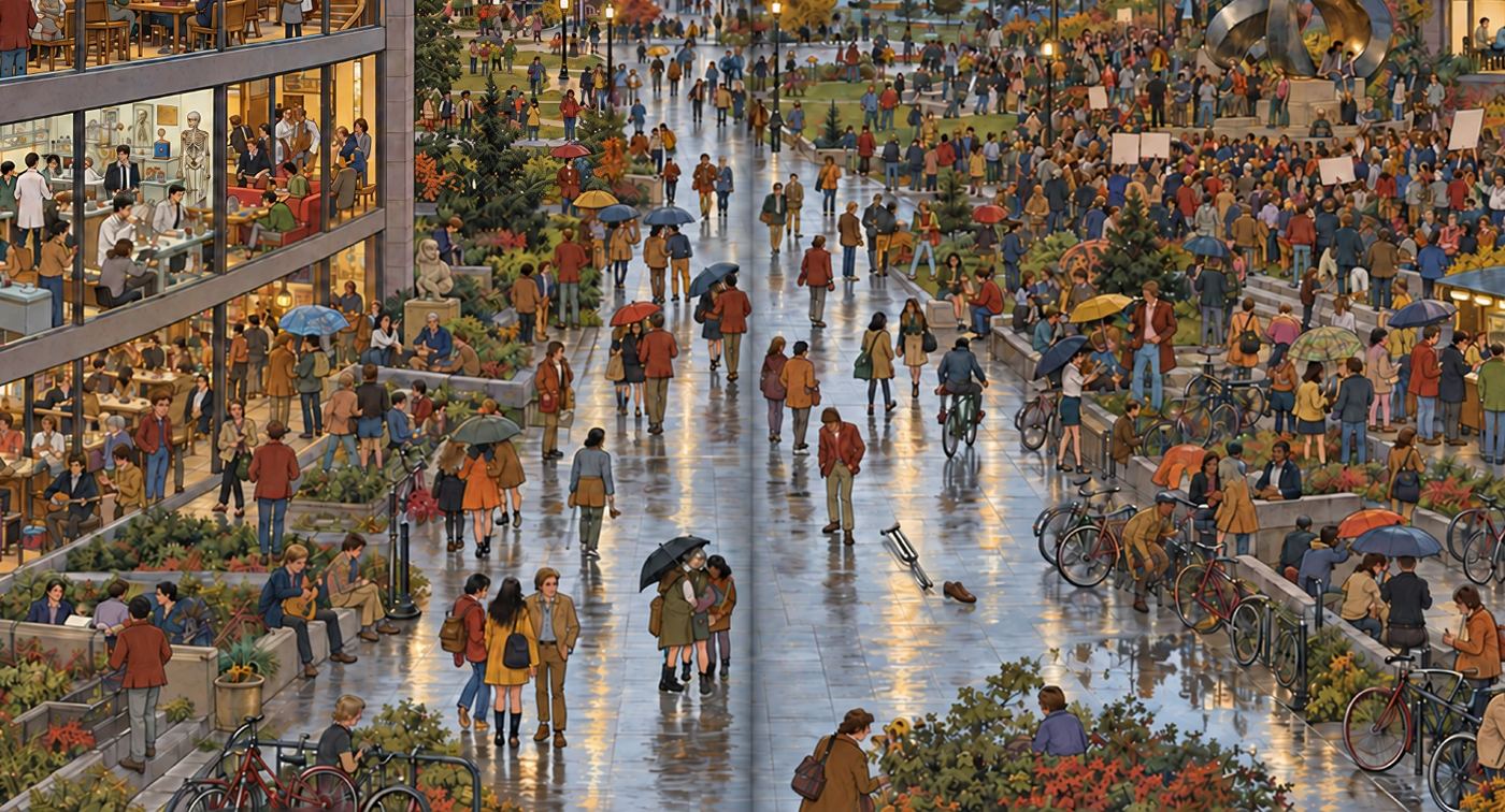 A rainy Seattle campus crowd scene