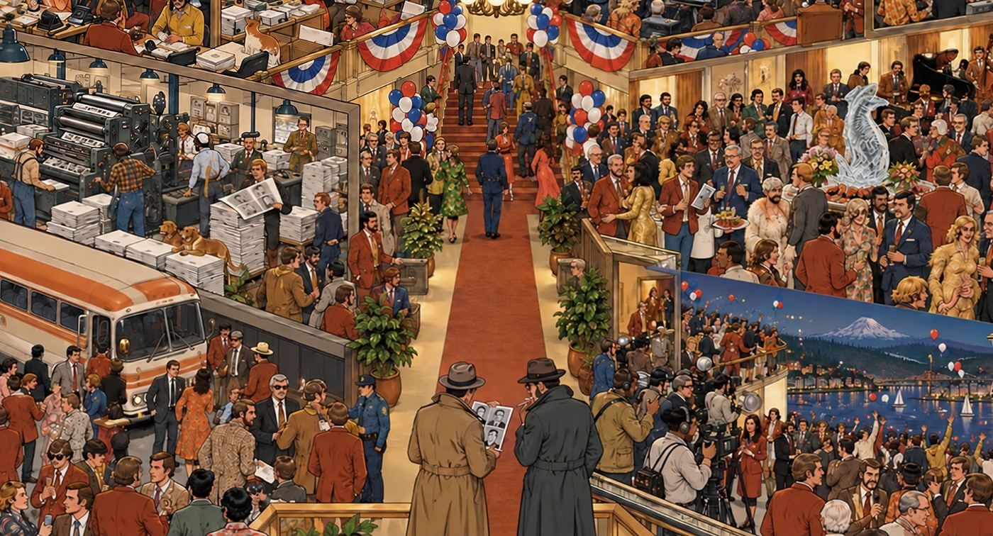 A crowded election-night hall scene